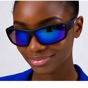 Sporty Black Sunglasses Blue Mirror Lens Wrap Around Style Women Ladys Shield
